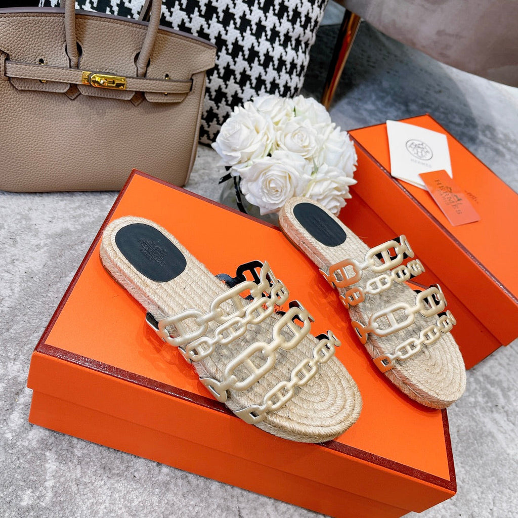 HERMES STRAW SOLE SLIPPERS METALLIC GOLD LAMBSKIN