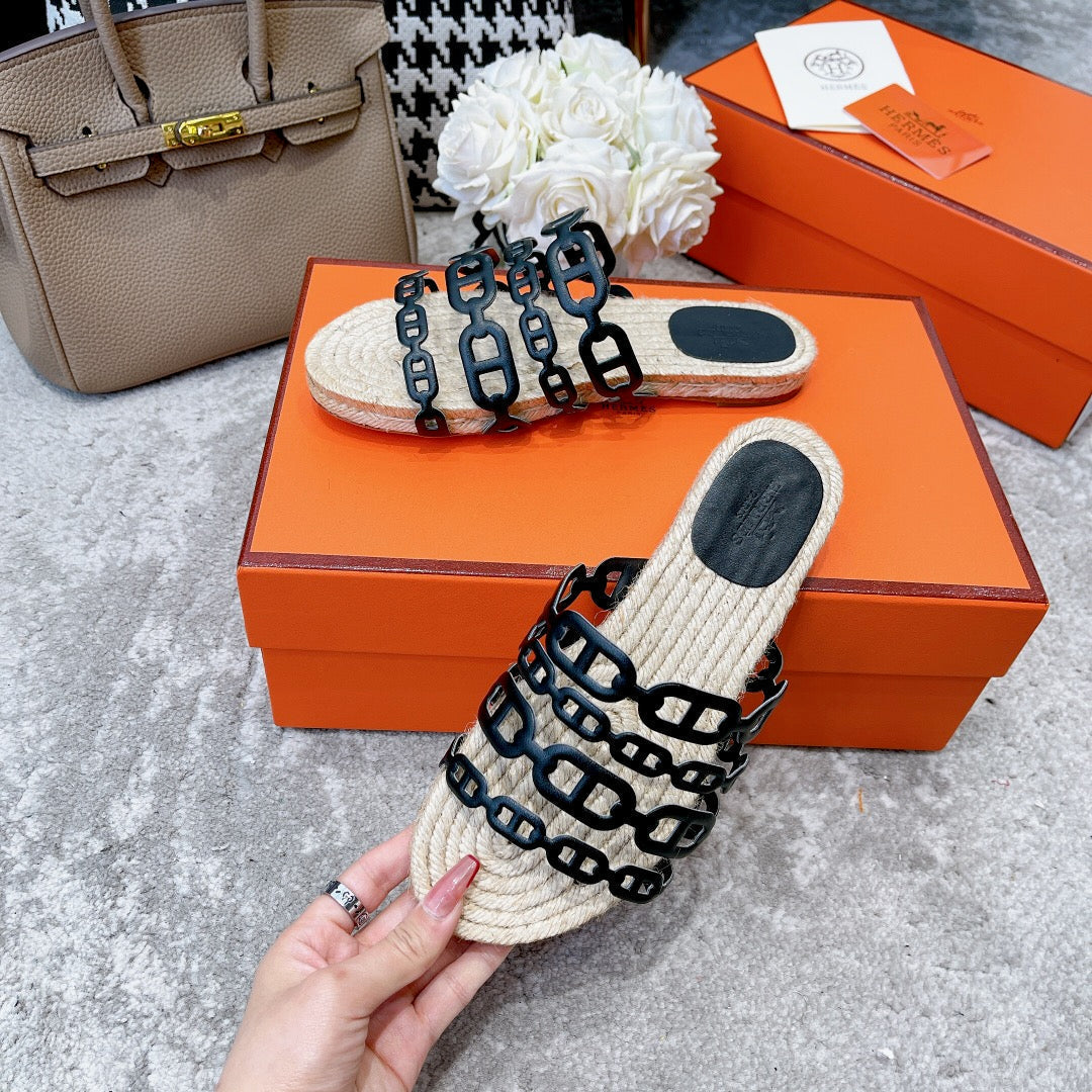 HERMES STRAW SOLE SLIPPERS BLACK LAMBSKIN