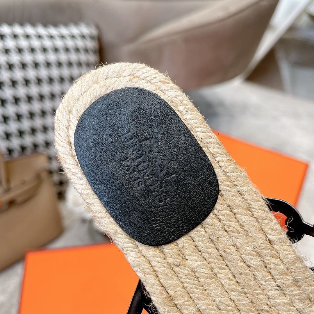 HERMES STRAW SOLE SLIPPERS BLACK LAMBSKIN
