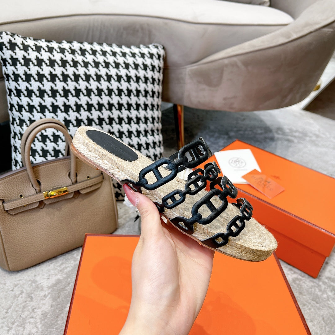 HERMES STRAW SOLE SLIPPERS BLACK LAMBSKIN