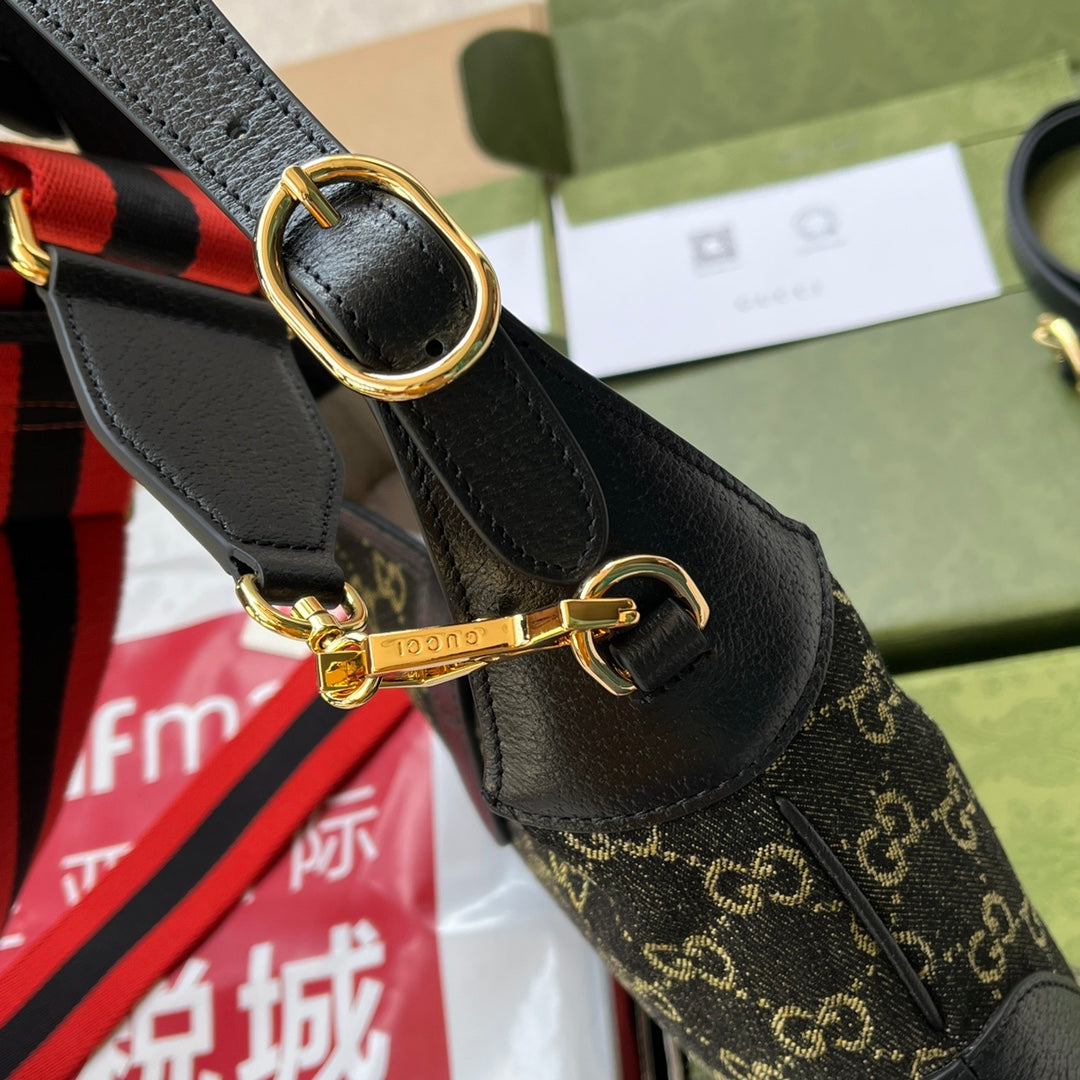 GUCCI JACKIE 1961 SHOULDER BAG 28 IN BLACK YELLOW DENIM AND BLACK CALFSKIN TRIM GOLD HARDWARE