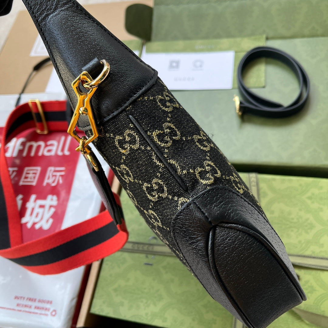 GUCCI JACKIE 1961 SHOULDER BAG 28 IN BLACK YELLOW DENIM AND BLACK CALFSKIN TRIM GOLD HARDWARE