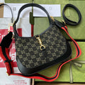 GUCCI JACKIE 1961 SHOULDER BAG 28 IN BLACK YELLOW DENIM AND BLACK CALFSKIN TRIM GOLD HARDWARE