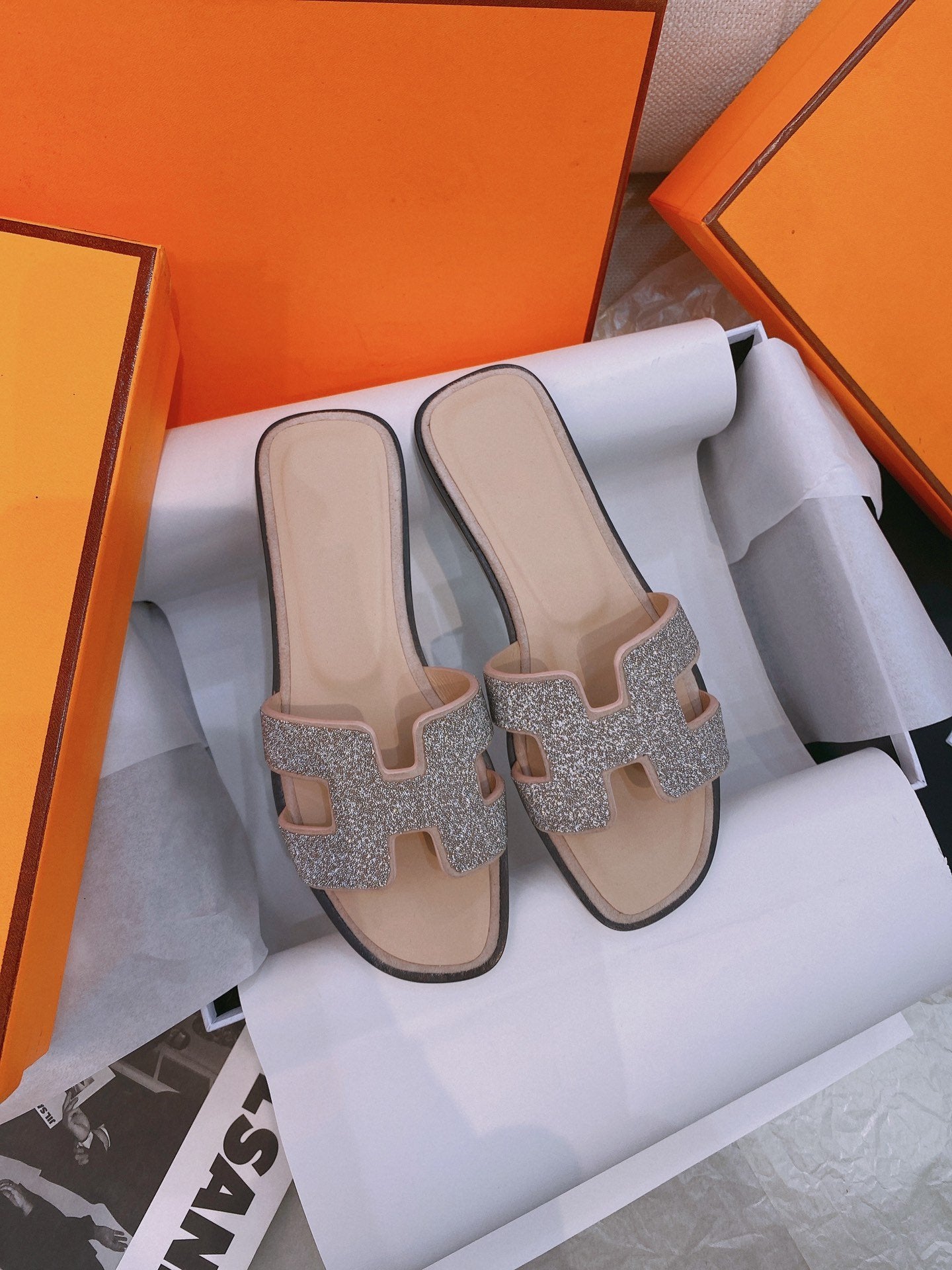 HERMES 0ran Sandal Caviar Light Brown Leather