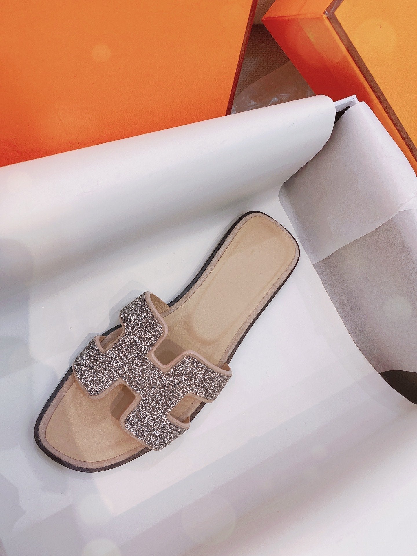 HERMES 0ran Sandal Caviar Light Brown Leather