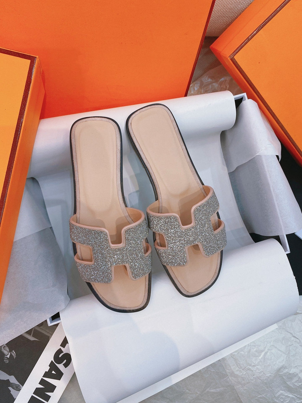HERMES 0ran Sandal Caviar Light Brown Leather