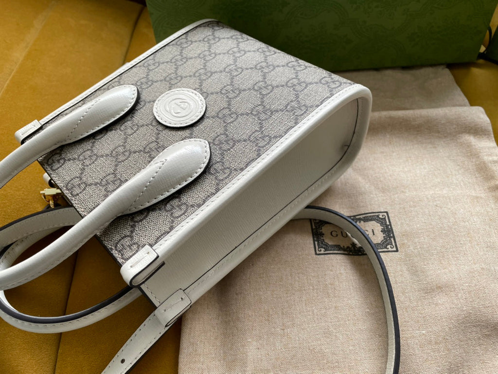 GUCCI MINI TOTE  20 BAG IN BEIGE CANVAS AND WHITE CALFSKIN