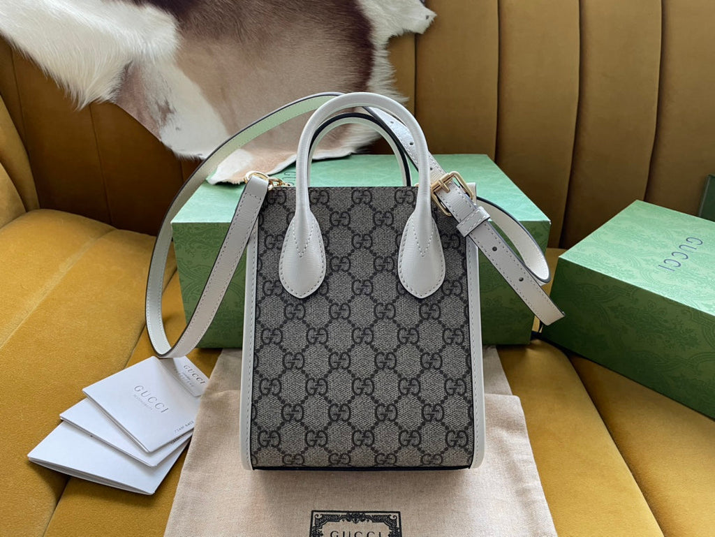GUCCI MINI TOTE  20 BAG IN BEIGE CANVAS AND WHITE CALFSKIN