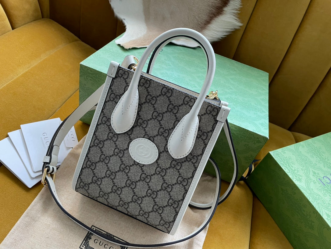 GUCCI MINI TOTE  20 BAG IN BEIGE CANVAS AND WHITE CALFSKIN