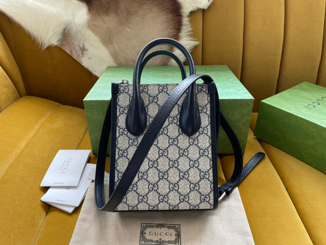 GUCCI MINI TOTE  20 BAG IN BEIGE CANVAS AND BLACK CALFSKIN