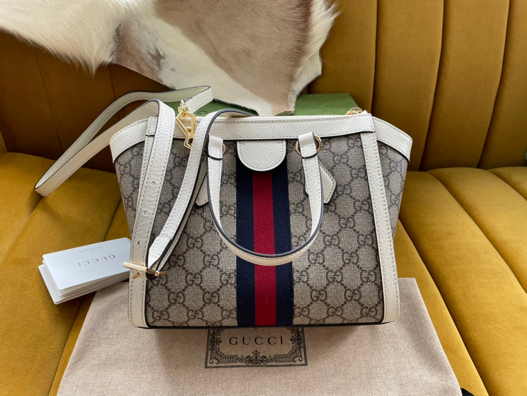 GUCCI OPHIDIA 24 TOTE IN BEIGE CANVAS AND WHITE CALFSKIN