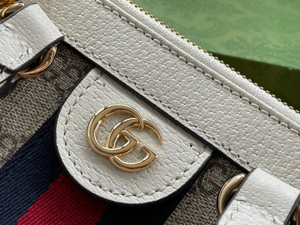 GUCCI OPHIDIA 24 TOTE IN BEIGE CANVAS AND WHITE CALFSKIN