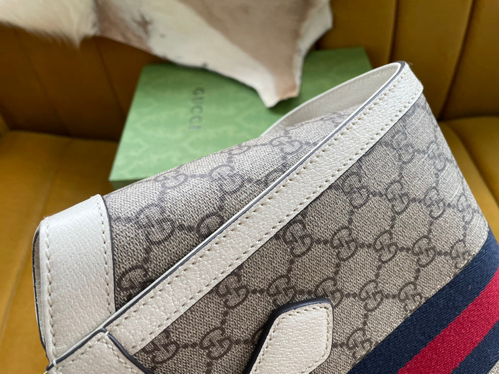 GUCCI OPHIDIA 24 TOTE IN BEIGE CANVAS AND WHITE CALFSKIN