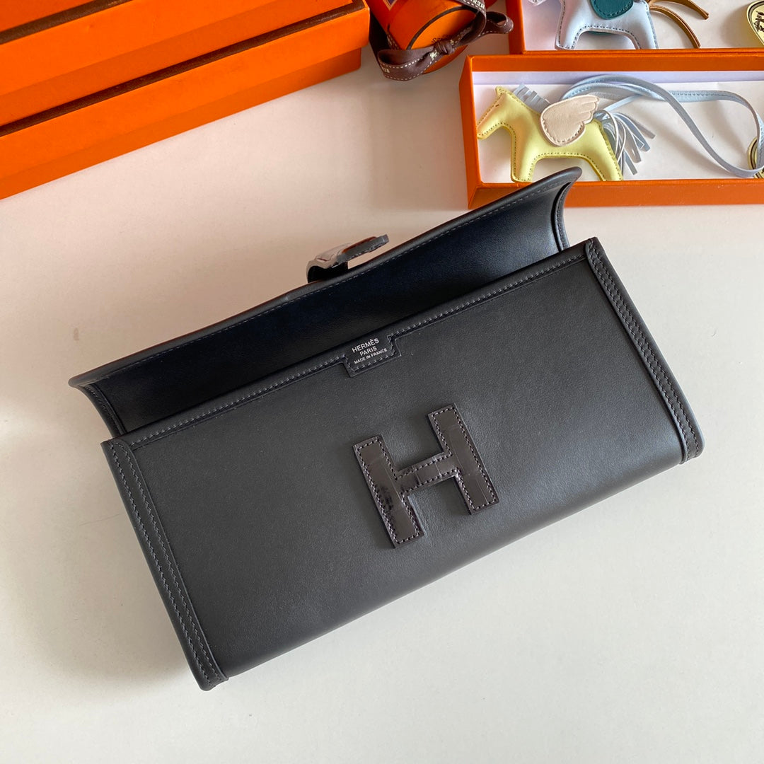 HERMES JIGE ELAN 29 CLUTCH IN BLACK CALFSKIN WITH LIZARD SKIN
