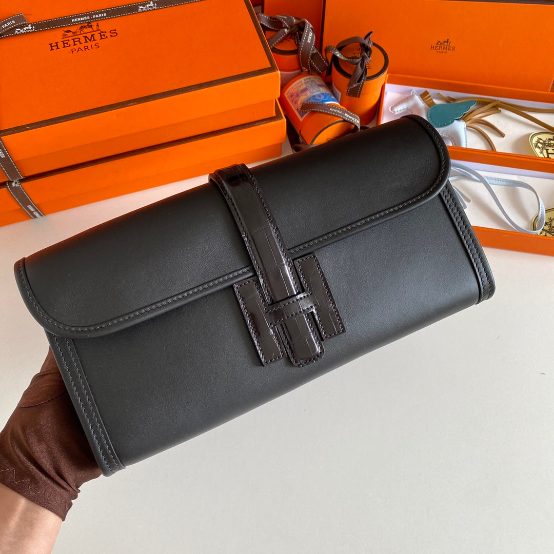 HERMES JIGE ELAN 29 CLUTCH IN BLACK CALFSKIN WITH LIZARD SKIN