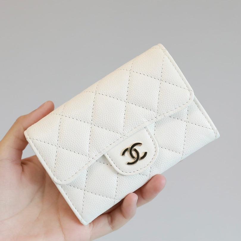 CHANEL FLAP CARD HOLDER 11.3 WHITE GRAINED CALFSKIN GOLD ICON