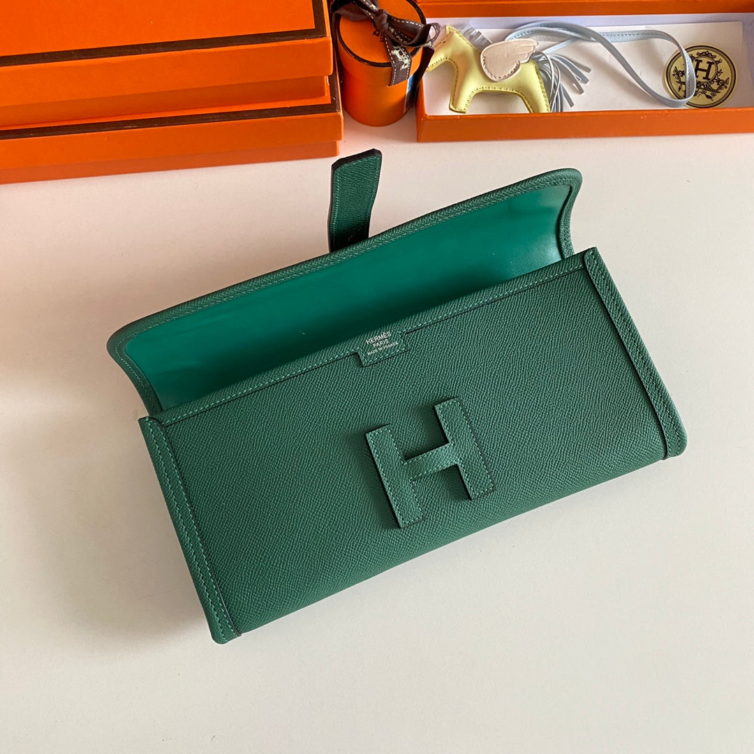 HERMES JIGE ELAN 29 CLUTCH IN FOREST GREEN CALFSKIN