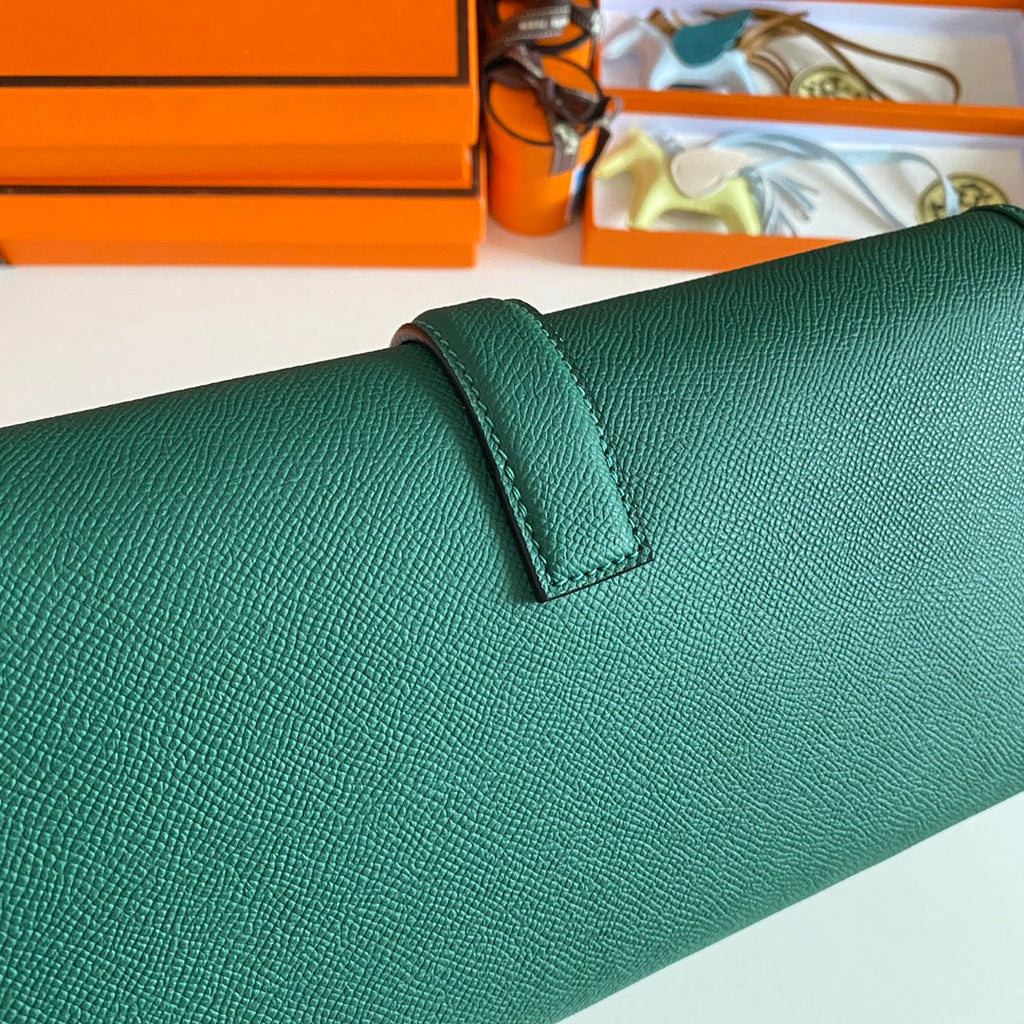 HERMES JIGE ELAN 29 CLUTCH IN FOREST GREEN CALFSKIN