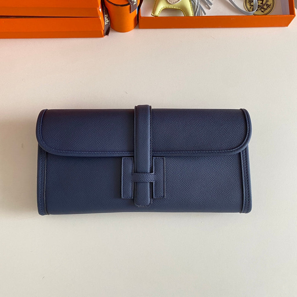 HERMES JIGE ELAN 29 CLUTCH IN NAVY BLUE CALFSKIN