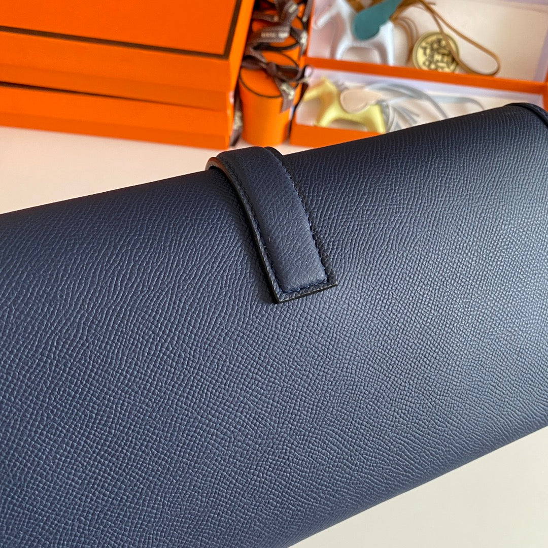 HERMES JIGE ELAN 29 CLUTCH IN NAVY BLUE CALFSKIN