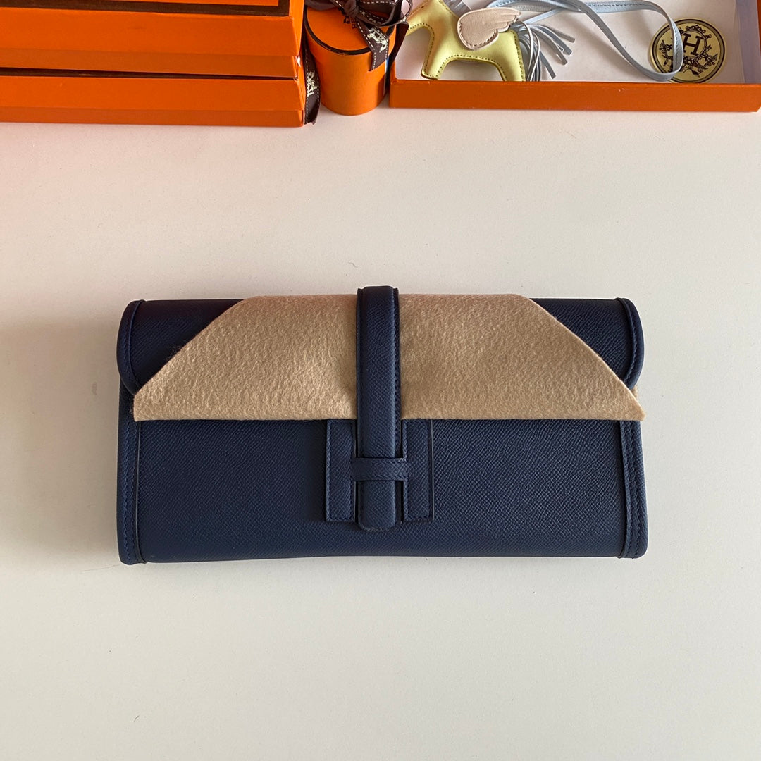HERMES JIGE ELAN 29 CLUTCH IN NAVY BLUE CALFSKIN