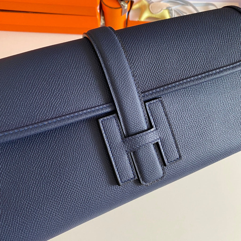 HERMES JIGE ELAN 29 CLUTCH IN NAVY BLUE CALFSKIN