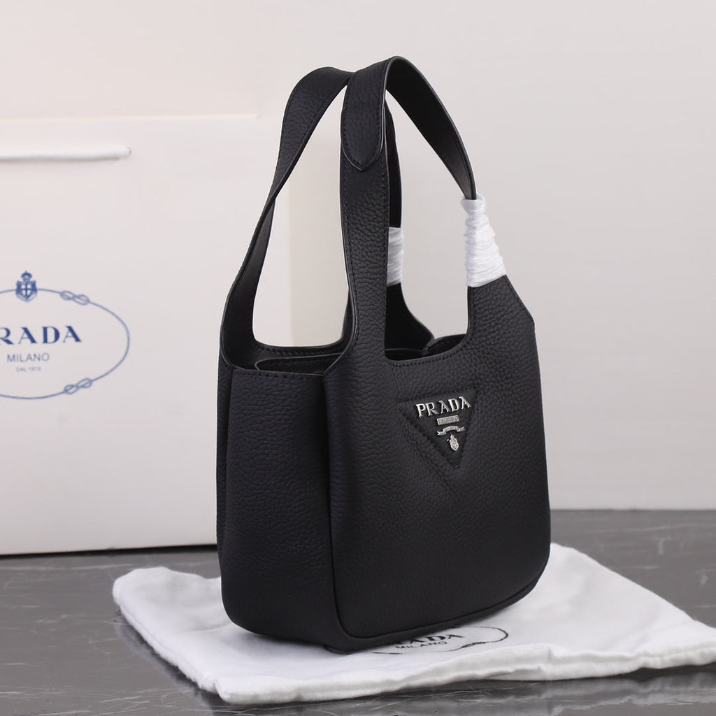 PRADA 18 DYNAMIQUE LOGO TOTE BAG IN BLACK CALFSKIN