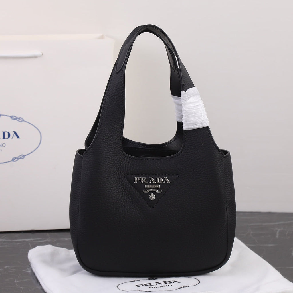 PRADA 18 DYNAMIQUE LOGO TOTE BAG IN BLACK CALFSKIN