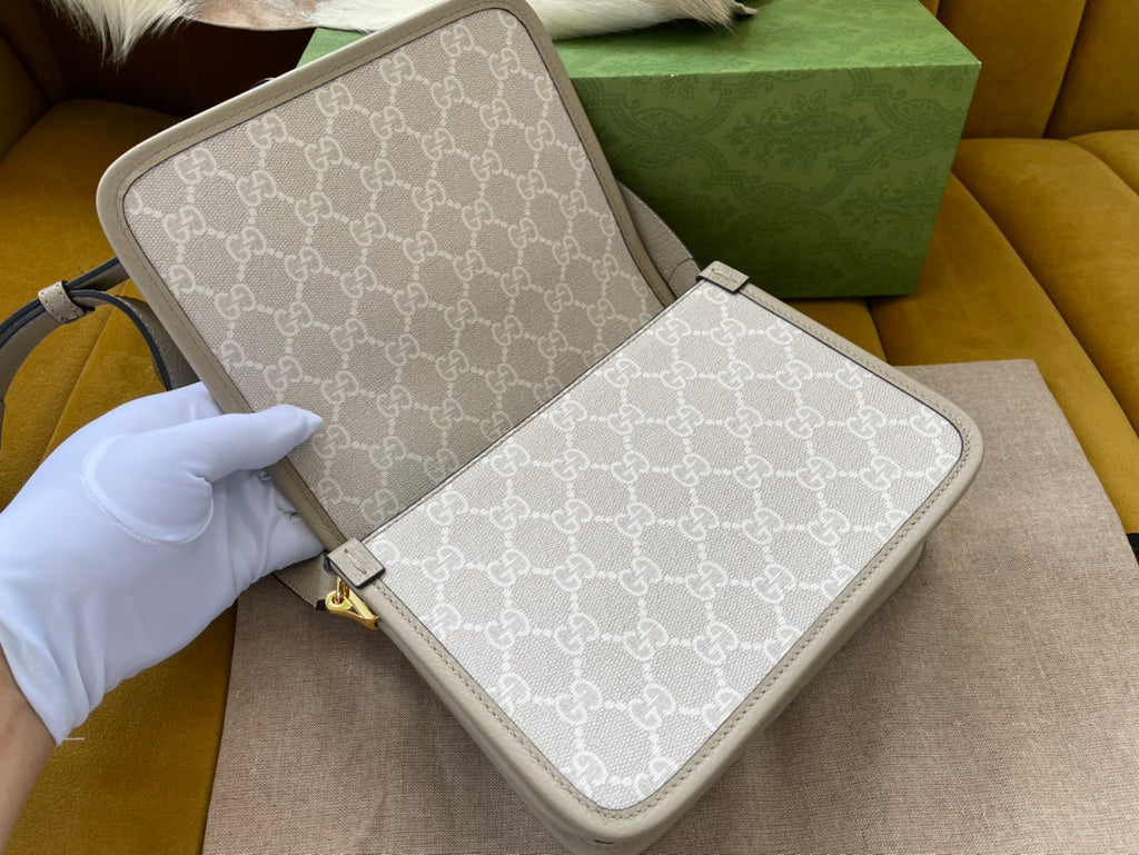 GUCCI MINI CROSSBODY 20 BAG WITH INTERLOCKING G IN BEIGE CANVAS