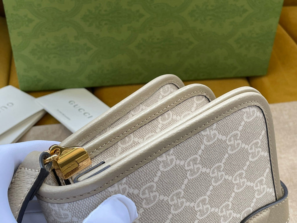 GUCCI MINI CROSSBODY 20 BAG WITH INTERLOCKING G IN BEIGE CANVAS