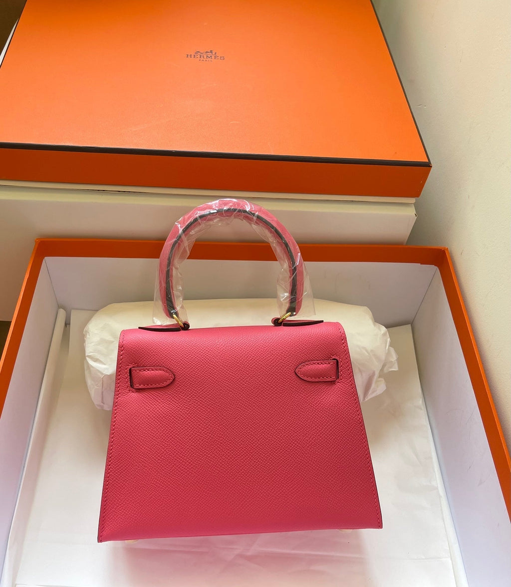 HERMES KELLY MINI 20 BAG IN RED PINK CALFSKIN WITH GOLD HARDWARE