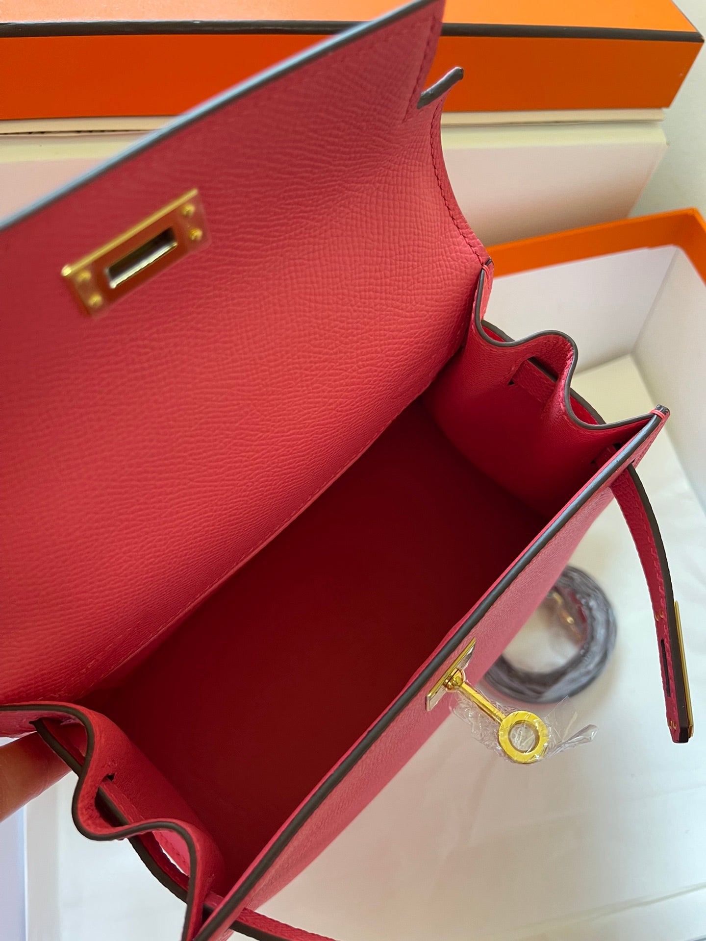 HERMES KELLY MINI 20 BAG IN RED PINK CALFSKIN WITH GOLD HARDWARE