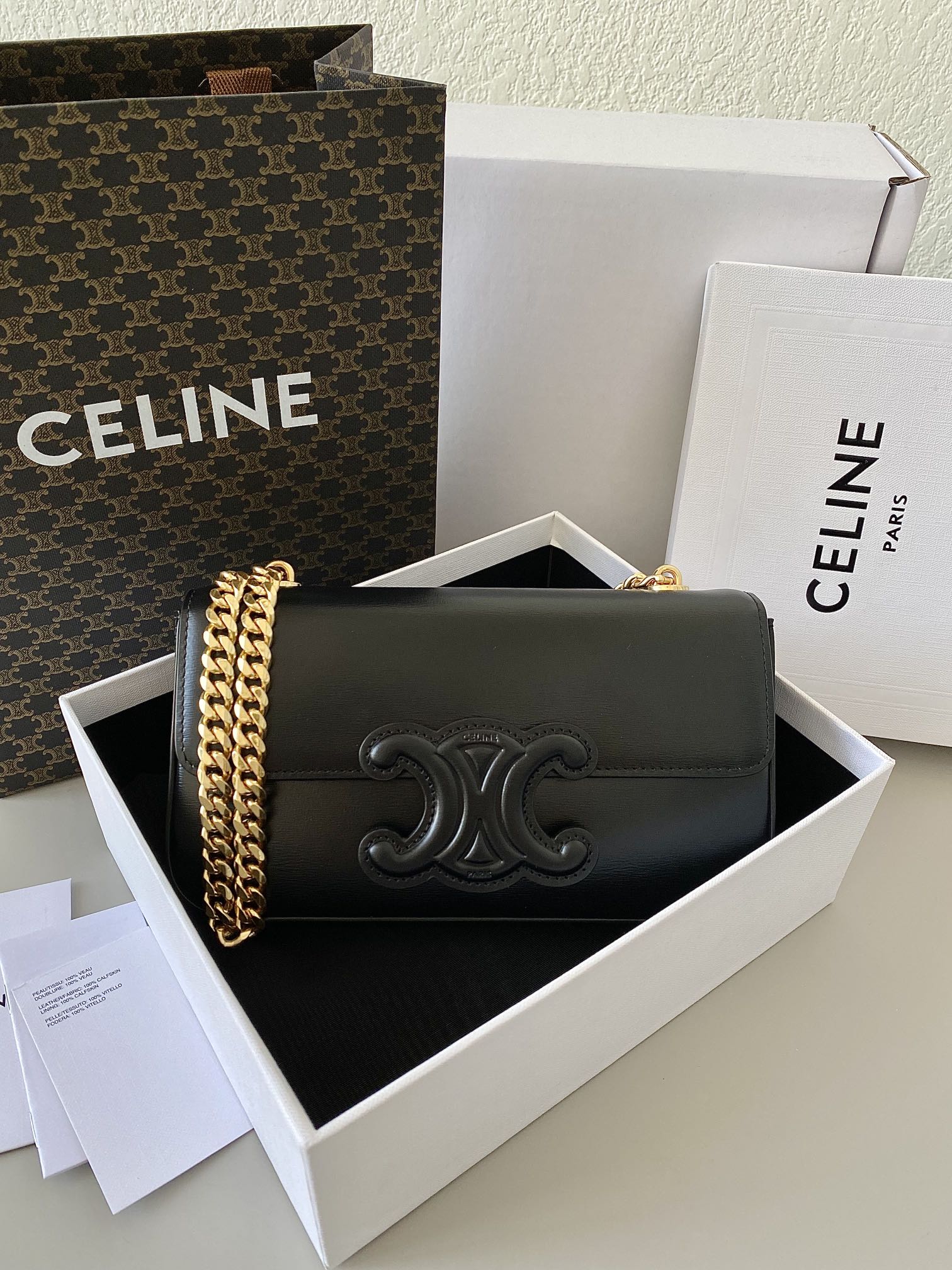 CELINE 20 CHAIN EMBOSSED ARMPIT BAG BLACK CALFSKIN