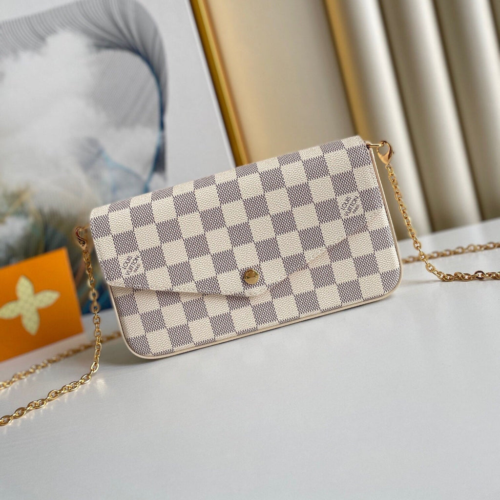 LOUIS VUITTON FÉLICIE POCHETTE 21 IN BLUE BEIGE DAMIER AZUR CANVAS GOLD HARDWARE