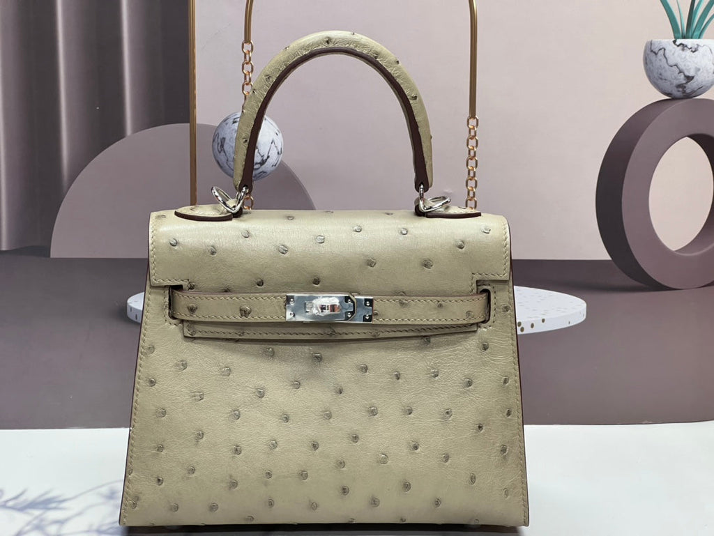 HERMES KELLY BAG 20 IN KHAKI TAN OSTRICH LEATHER WITH SILVER HARDWARE