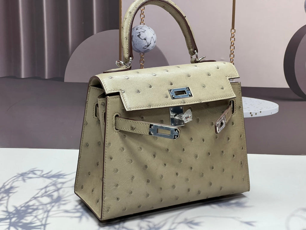 HERMES KELLY BAG 20 IN KHAKI TAN OSTRICH LEATHER WITH SILVER HARDWARE