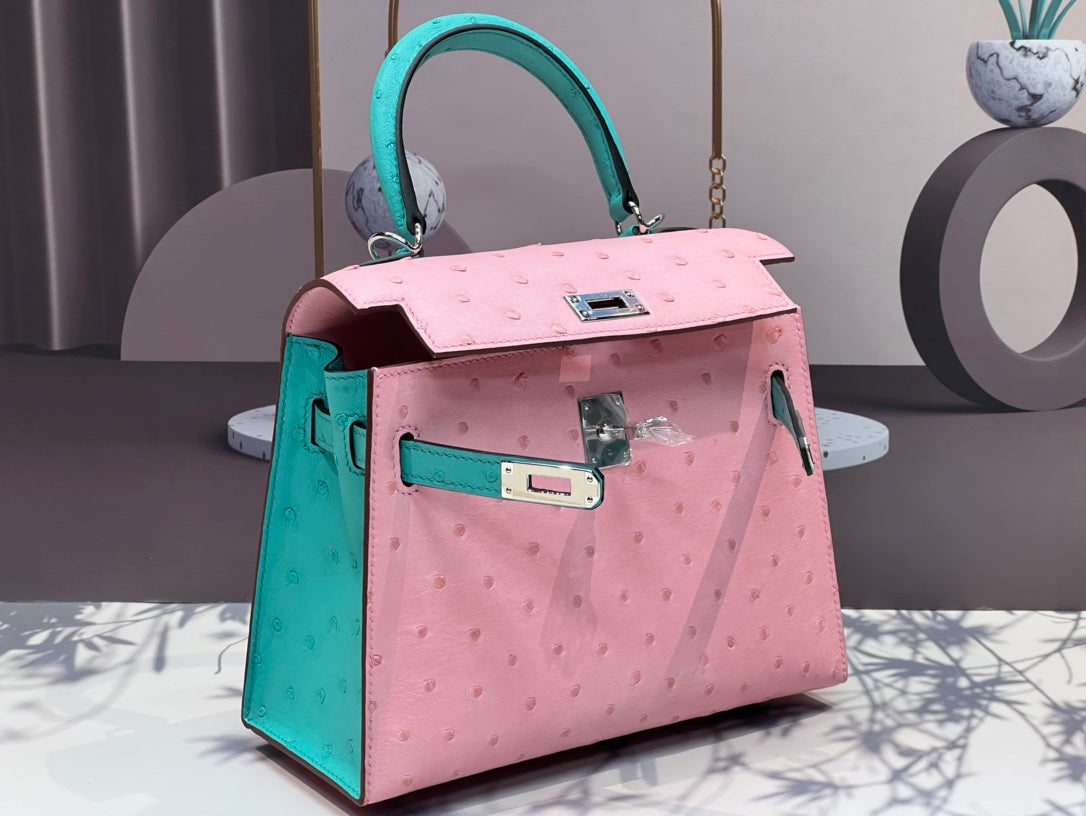 HERMES KELLY BAG 20 IN FLAMINGO PINK MIX CYAN BLUE OSTRICH LEATHER WITH SILVER HARDWARE
