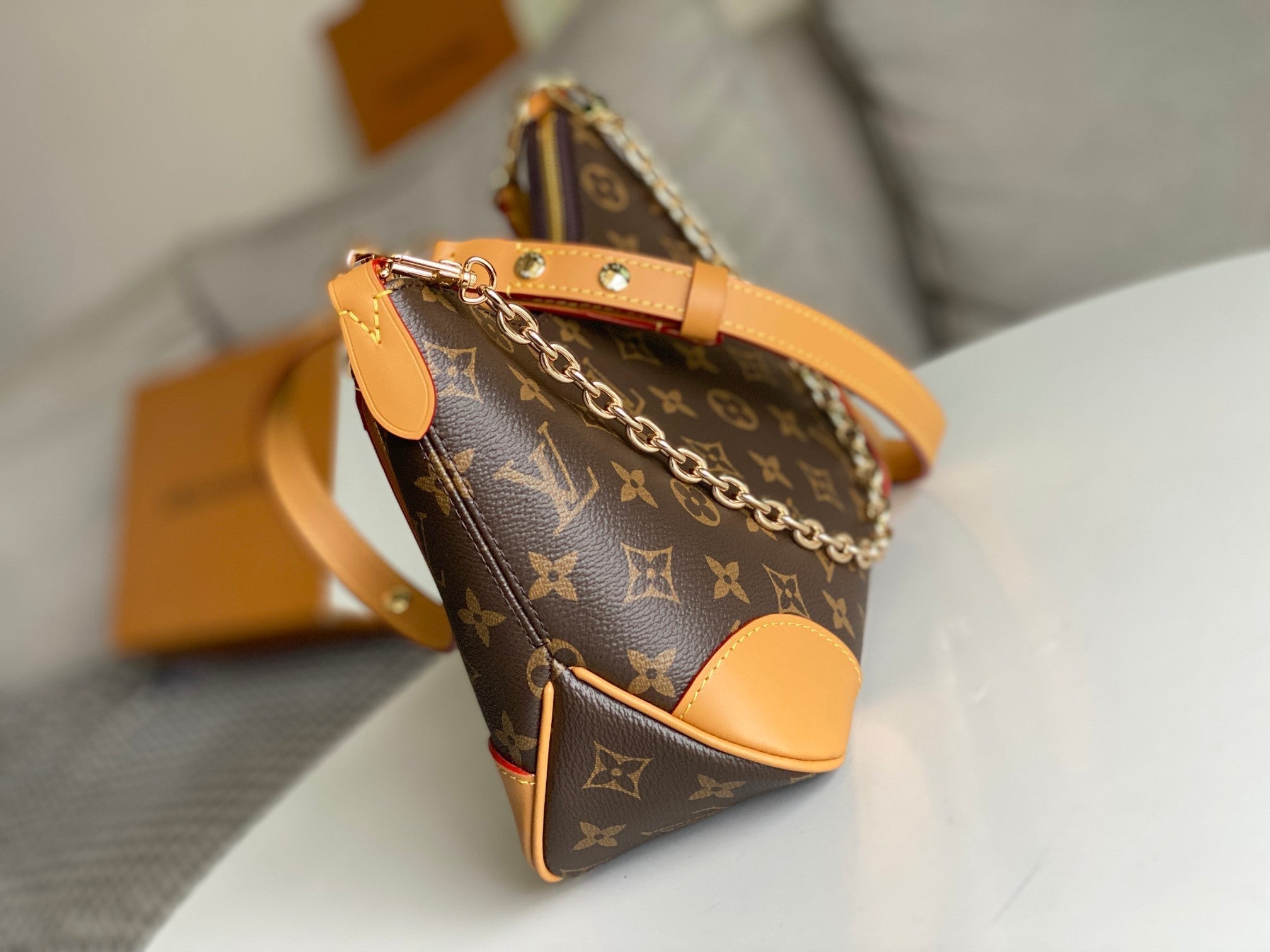 LOUIS VUITTON LV 25S BOULOGNE 29 IN BROWN MONOGRAM CANVAS LEATHER TRIM GOLD HARDWARE
