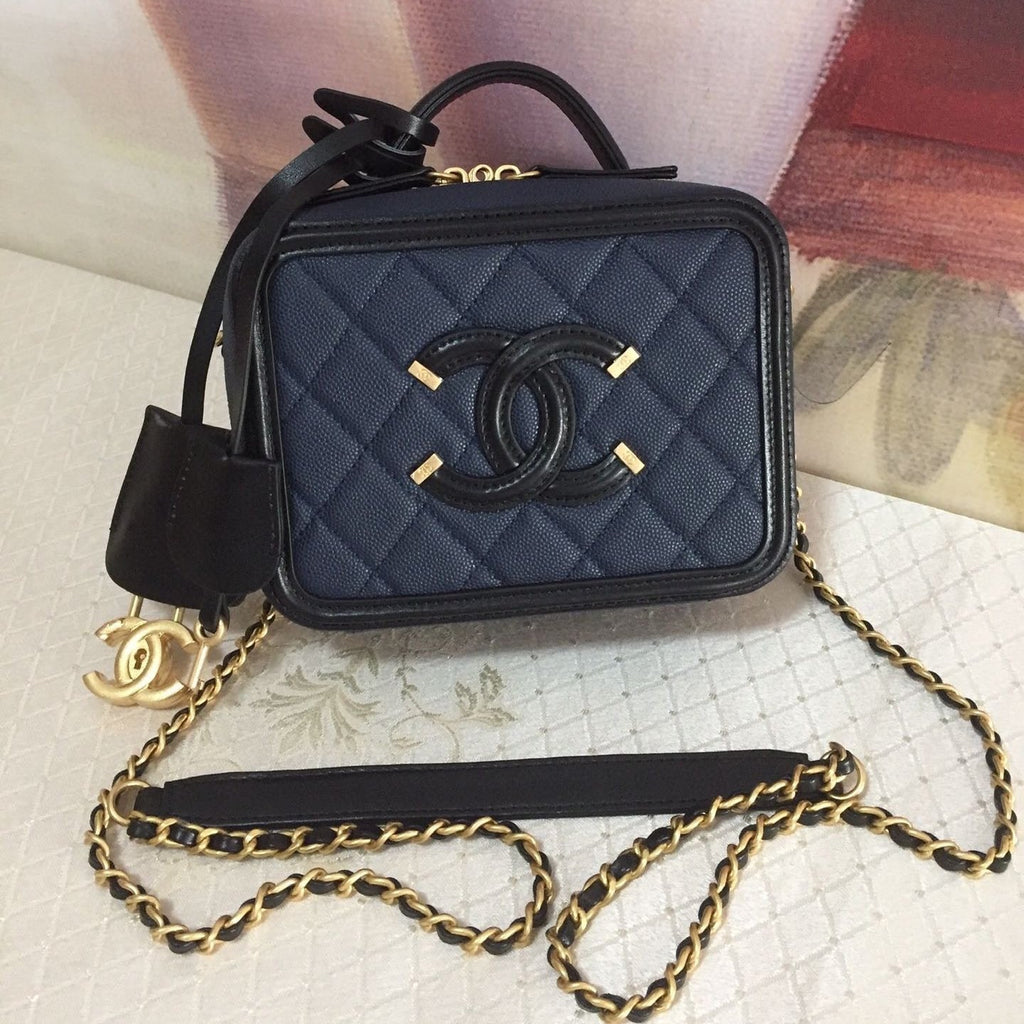 CHANEL MINI 17 VANITY CASE IN AEGEAN BLUE MIX BLACK CALFSKIN GOLD HARDWARE