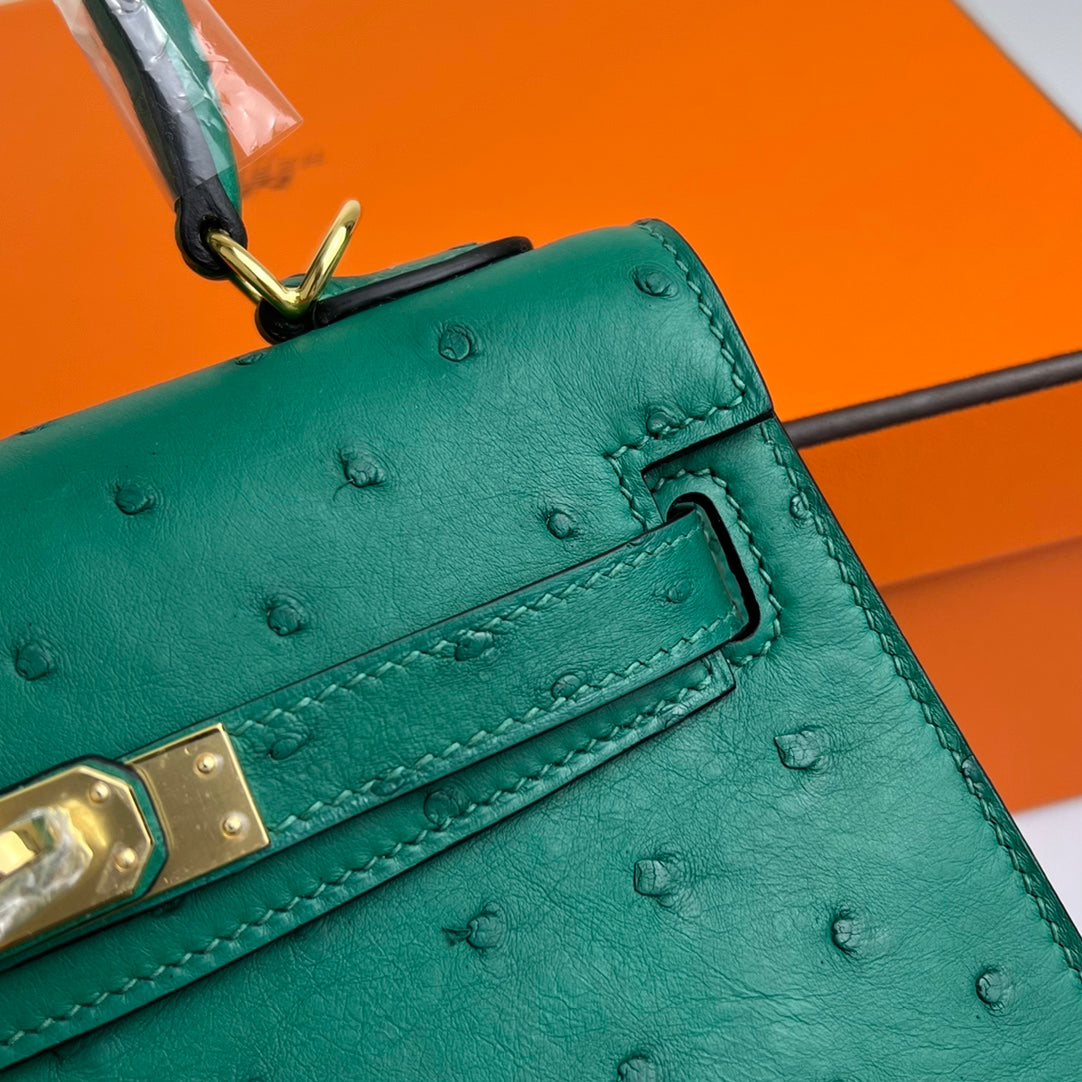 HERMES KELLY BAG 20 IN TEAL GREEN OSTRICH LEATHER WITH GOLD HARDWARE