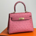 HERMES KELLY BAG 20 IN ROUGE PINK OSTRICH LEATHER WITH GOLD HARDWARE