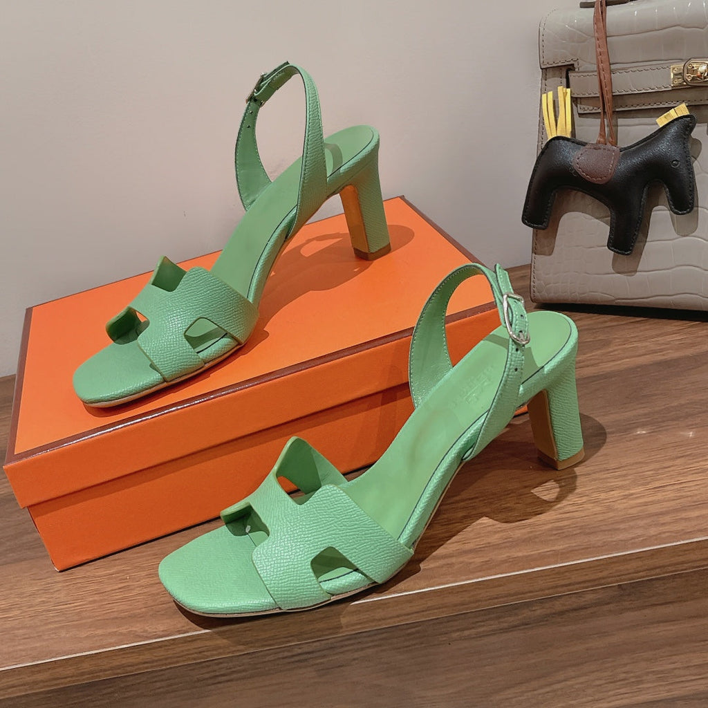 HERMES HOLY 75 SANDAL IN GREEN MINT GRAINED CALFSKIN