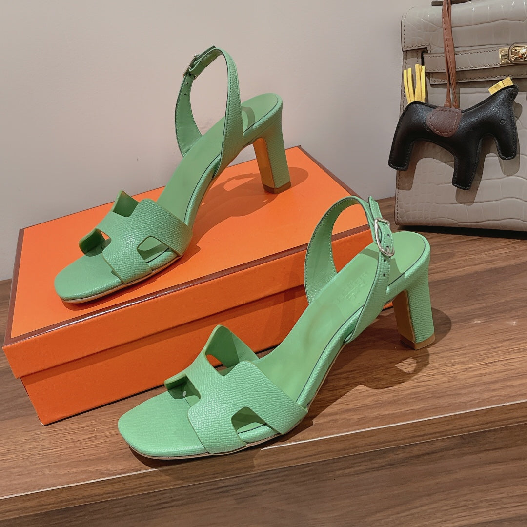 HERMES HOLY 75 SANDAL IN GREEN MINT GRAINED CALFSKIN