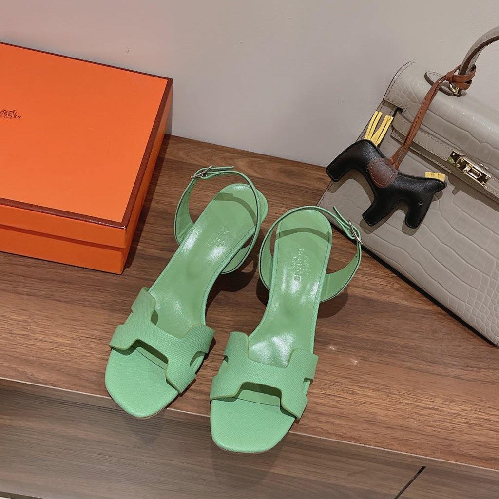 HERMES HOLY 75 SANDAL IN GREEN MINT GRAINED CALFSKIN