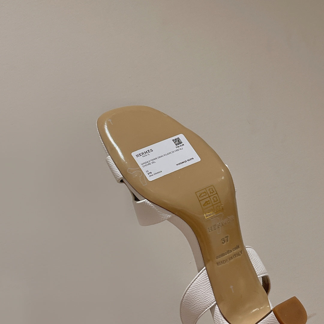 HERMES HOLY 75 SANDAL IN WHITE GRAINED CALFSKIN