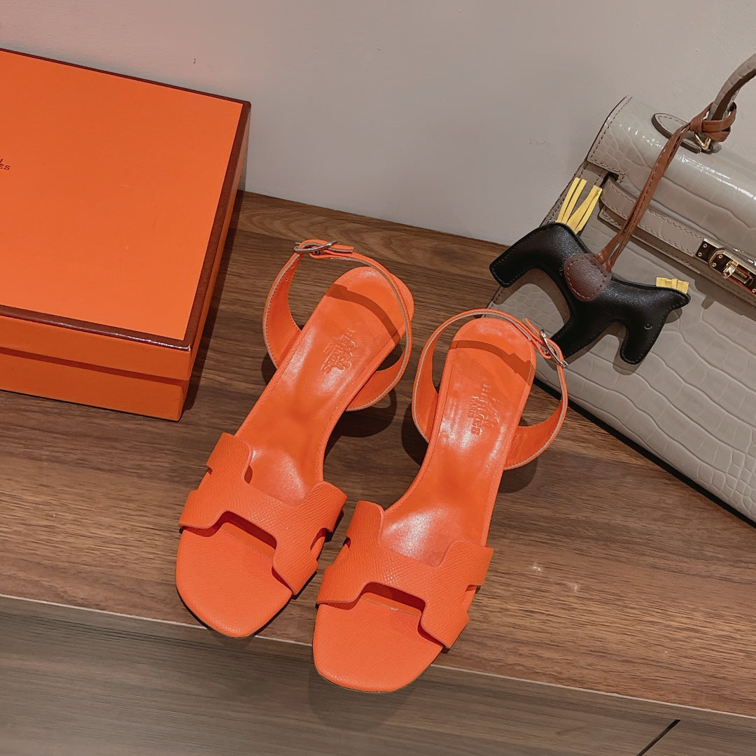 HERMES HOLY 75 SANDAL IN VIVID ORANGE GRAINED CALFSKIN