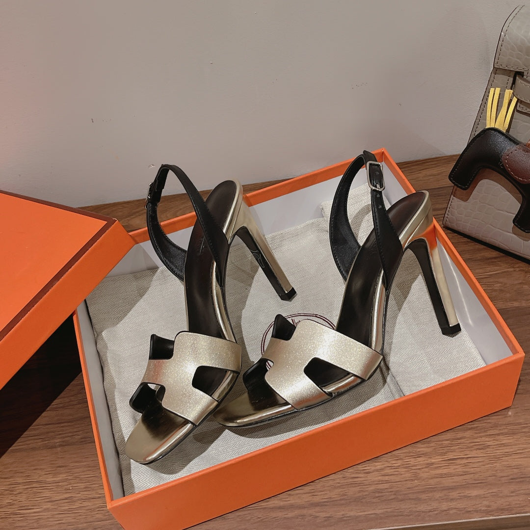 HERMES SLINGBACK SANDAL ETERNITE 105 BLACK MIX SILVER LAMBSKIN