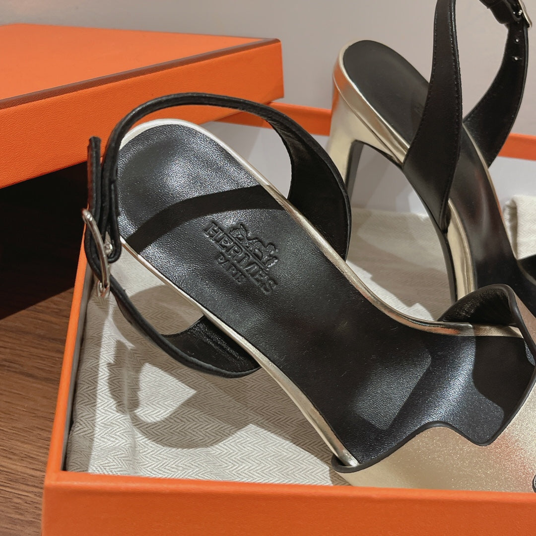 HERMES SLINGBACK SANDAL ETERNITE 105 BLACK MIX SILVER LAMBSKIN