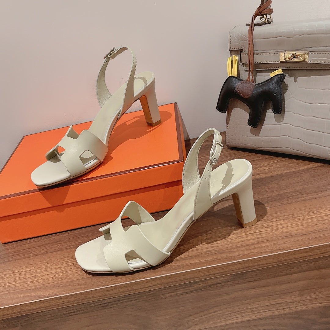 HERMES HOLY 75 SANDAL IN WHITE CREAM CALFSKIN