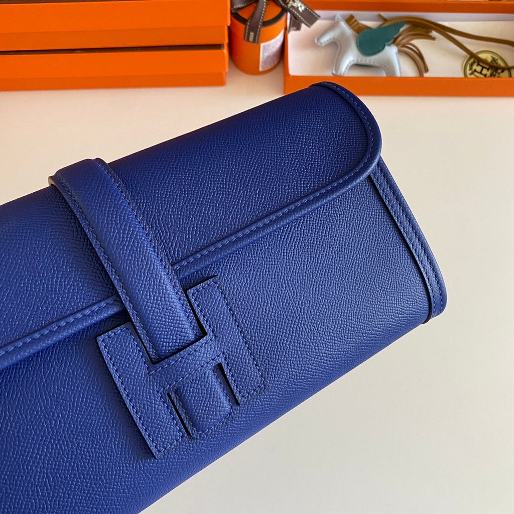 HERMES JIGE ELAN 29 CLUTCH IN COBALT BLUE CALFSKIN